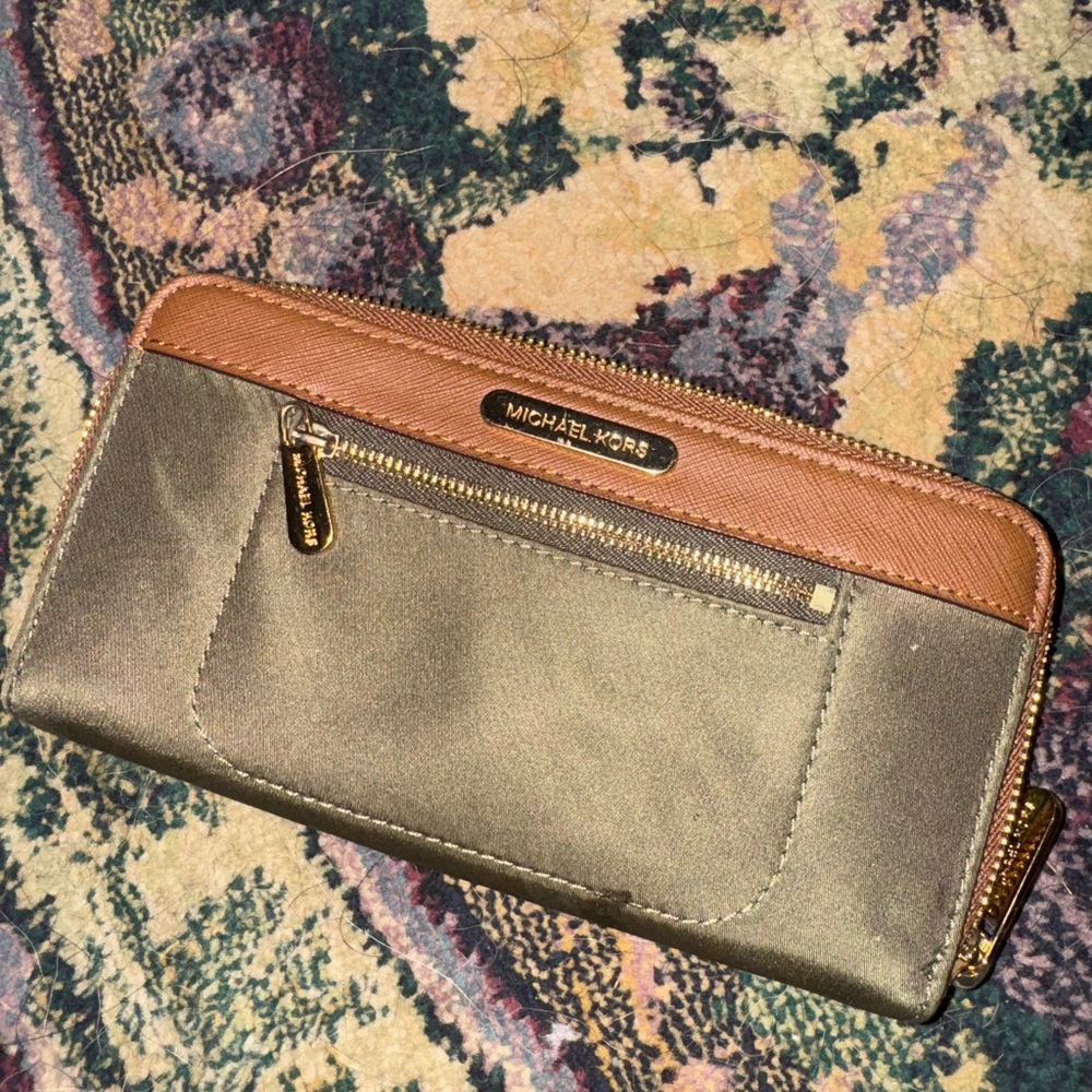 Michael Kors Olive and Tan Zip Wallet